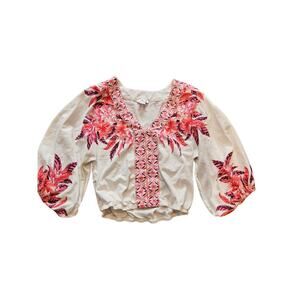 Venus floral puff sleeve crop resort blouse womens large lined pink garden girl